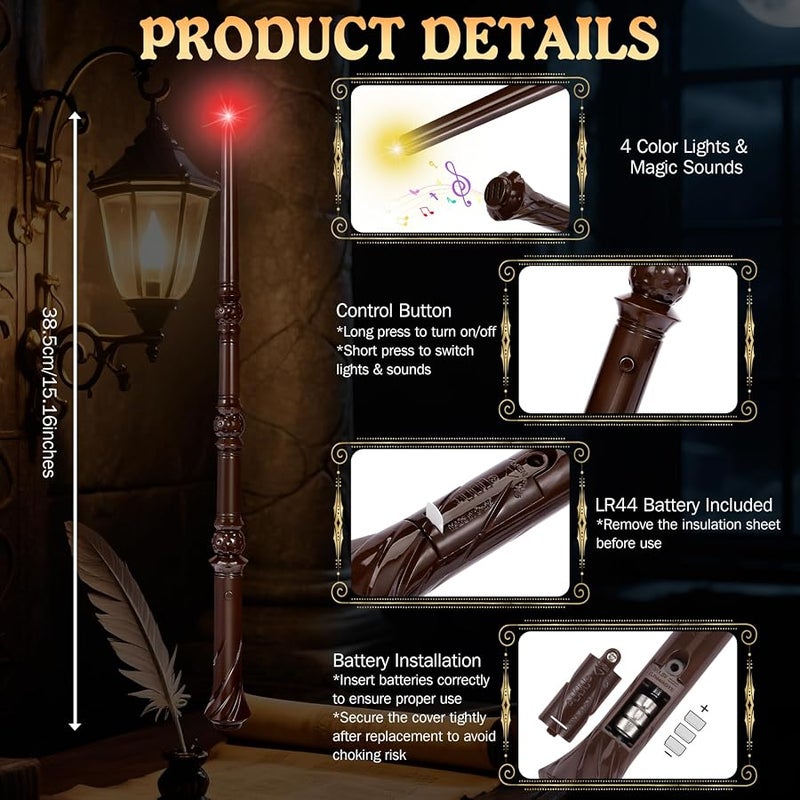 Maikoi Light Up Magic Wizard Wand with Sounds & 4 Color Lights Illuminating Witch Toys for Kids Cosplay Party Birthday Gift, Brown, 2PCS - Image 2