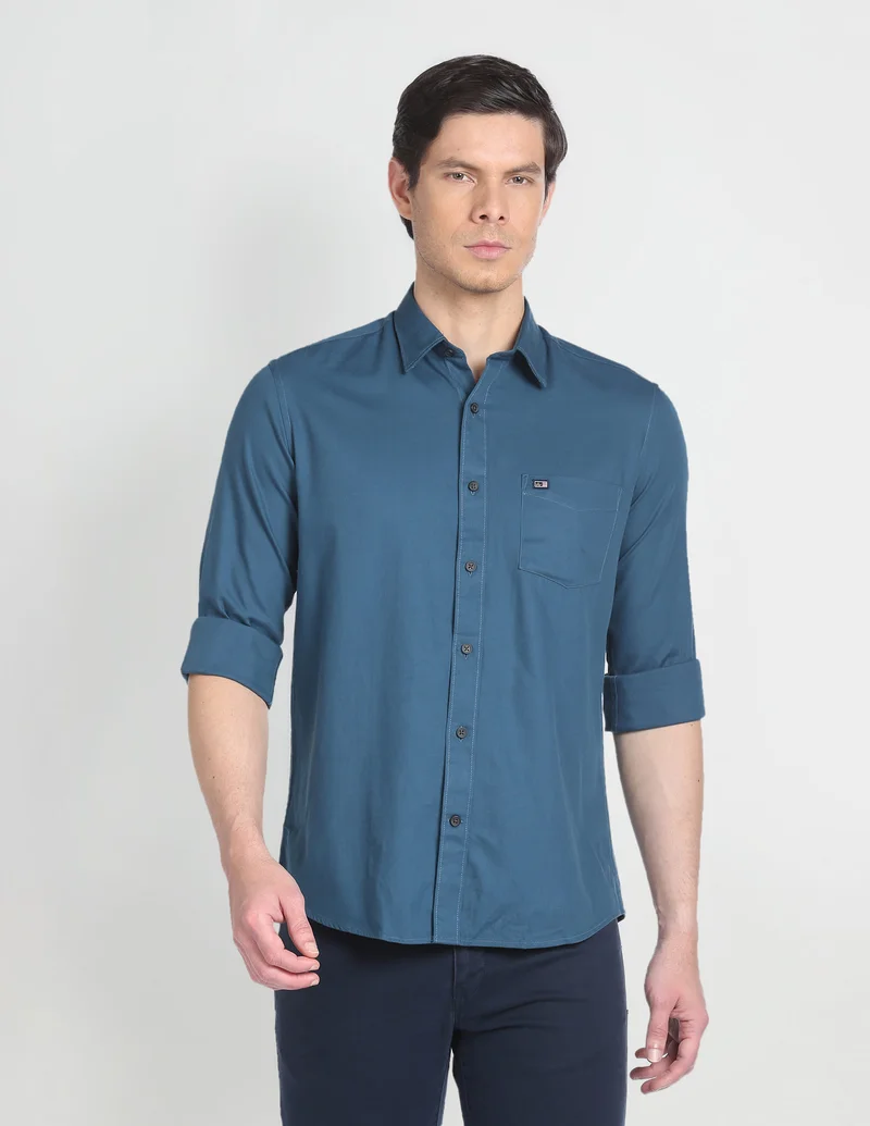 Arrow Teal Solid Slim Fit Twill Shirt for Men | Best Price UAE