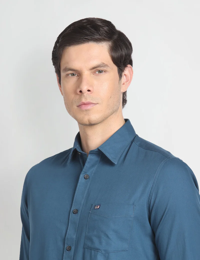 Arrow Teal Solid Slim Fit Twill Shirt for Men | Best Price UAE