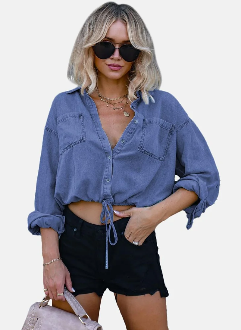 يونيكي Blue Relaxed Fit Spread Collar Long Sleeves Shirts