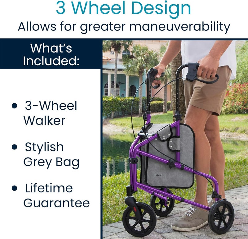 Vive Mobility 3 Wheel Walker - Three Wheeled Rollator for Seniors - Lightweight, Foldable, Narrow, Heavy Duty - for Elderly Men Women - Folding 3-Wheel Tri Scooter with Basket Bag - Image 2