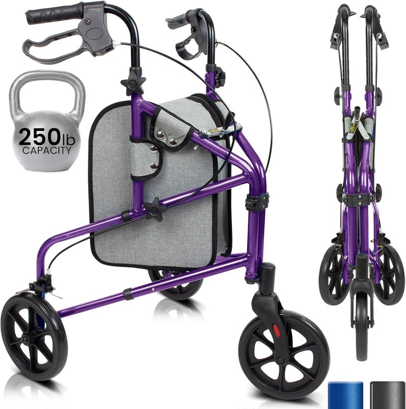 Vive Mobility 3 Wheel Walker - Three Wheeled Rollator for Seniors - Lightweight, Foldable, Narrow, Heavy Duty - for Elderly Men Women - Folding 3-Wheel Tri Scooter with Basket Bag - Image 1