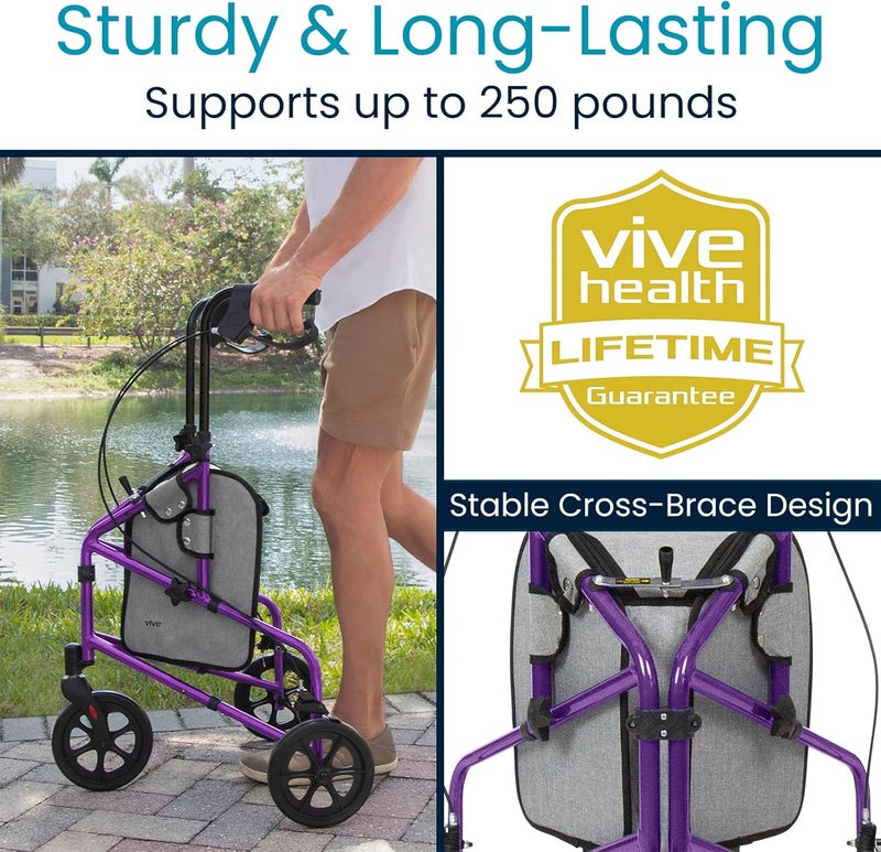 Vive Mobility 3 Wheel Walker - Three Wheeled Rollator for Seniors - Lightweight, Foldable, Narrow, Heavy Duty - for Elderly Men Women - Folding 3-Wheel Tri Scooter with Basket Bag - Image 4