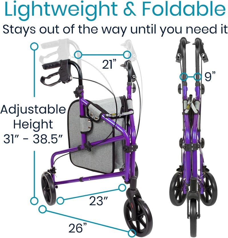 Vive Mobility 3 Wheel Walker - Three Wheeled Rollator for Seniors - Lightweight, Foldable, Narrow, Heavy Duty - for Elderly Men Women - Folding 3-Wheel Tri Scooter with Basket Bag - Image 3