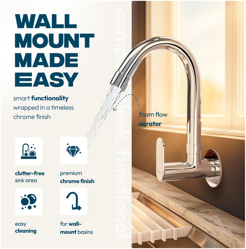 Tisto 10 Year Warranty Kitchen Sink Tap Faucet with Flexible 360 Rotating Spout, Kitchen Taps for Home Sink, Wall Mount Sinks Cocke for Basin, Wall Mounted, Chrome Finish - Image 2