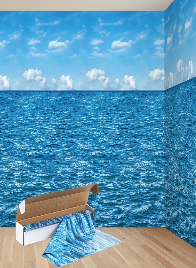 Jectivs 4.5x33 Ft Ocean Sky Wall Backdrop Decorations,Roll of Plastic Blue Ocean Sky White Clouds Photography Background,Under The Sea Natural Scenery Wallpaper Summer Weeding Birthday Pool Party Photo Props - Image 1