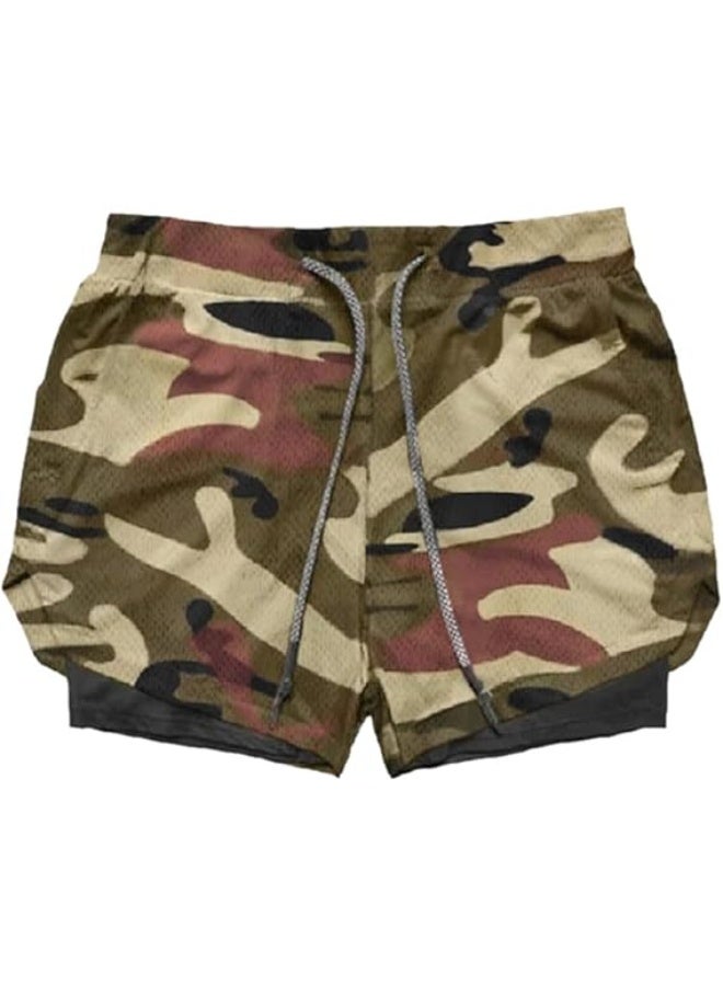 VITION Gym Shorts for Men, Men's Activewear Running Shorts,Drawstring Gym Shorts Men, 2 Layer Loose Athletic Shorts with 4 Pockets (X-Large, Camouflage Khaki) - Image 1