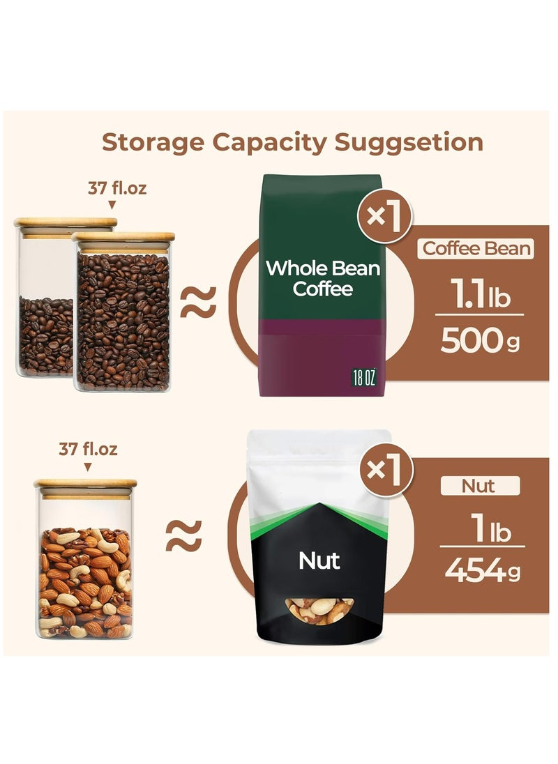 ZIMNEST - 2-Piece Set of Square Glass Storage Jars with Wooden Lids, 1100ML/37OZ Airtight Food Containers, Preservation Jars & Storage Boxes for Pasta, Flour, Grains, Spices, Tea, Coffee Beans, & Other Kitchen Staples - Perfect for Long-Term Food Preservation & Organization - Image 1