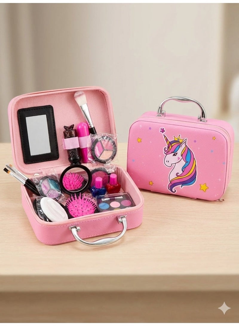 Unicorn Themed Kids Makeup Kit in Carry Case – Washable & Non-Toxic Cosmetic Play Set for Girls – Includes Brushes, Mirror, Nail Polish & Accessories – Perfect Birthday Gift