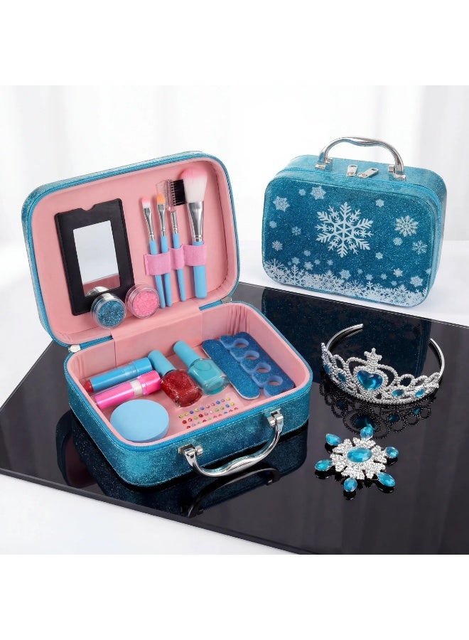 طقم مكياج أطفال بتصميم الاميرات - شنطة تجميل آمنة وقابلة للغسل للبنات - مجموعة كاملة مع فرش، مرآة، وطلاء أظافر - هدية مثالية لأعياد الميلاد