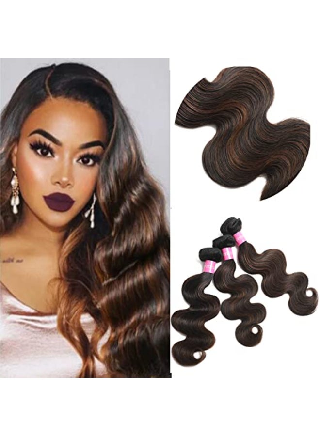 Lovenea Highlight Brown Body Wave Virgin Hair 3 Bundles 16 18 20 inch 10A Brazilian Human Hair Extensions Ombre Color Body Wavy Human Hair Weave Bundles F1B30 Color FB30 16 18 20 - Image 1
