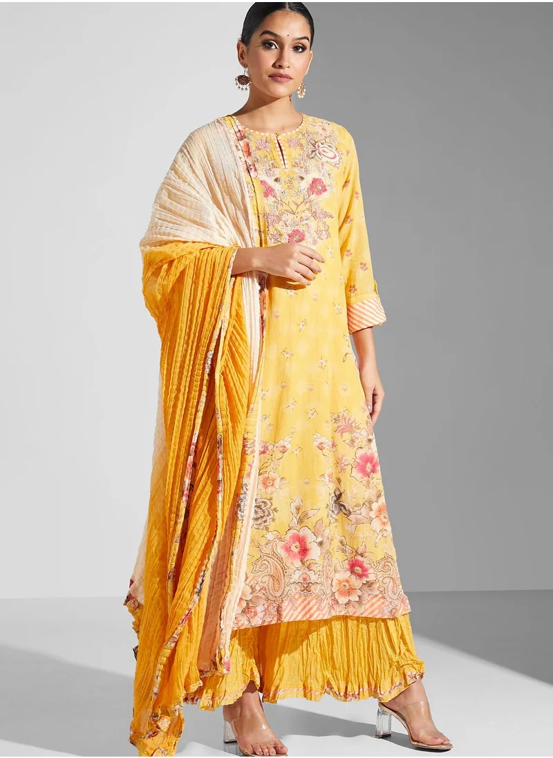 RITU KUMAR Floral Print Kurti & Sharara Pants With Dupatta