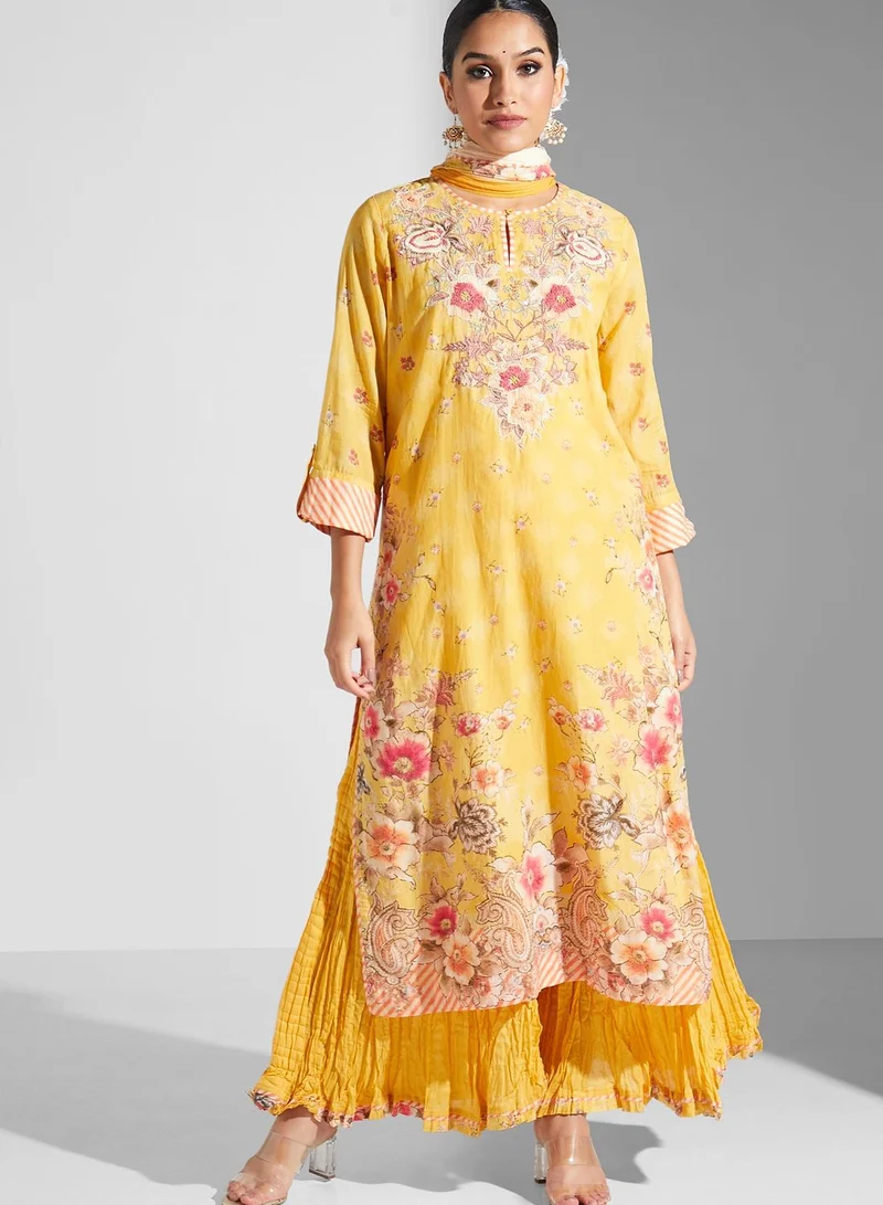 RITU KUMAR Floral Print Kurti & Sharara Pants With Dupatta