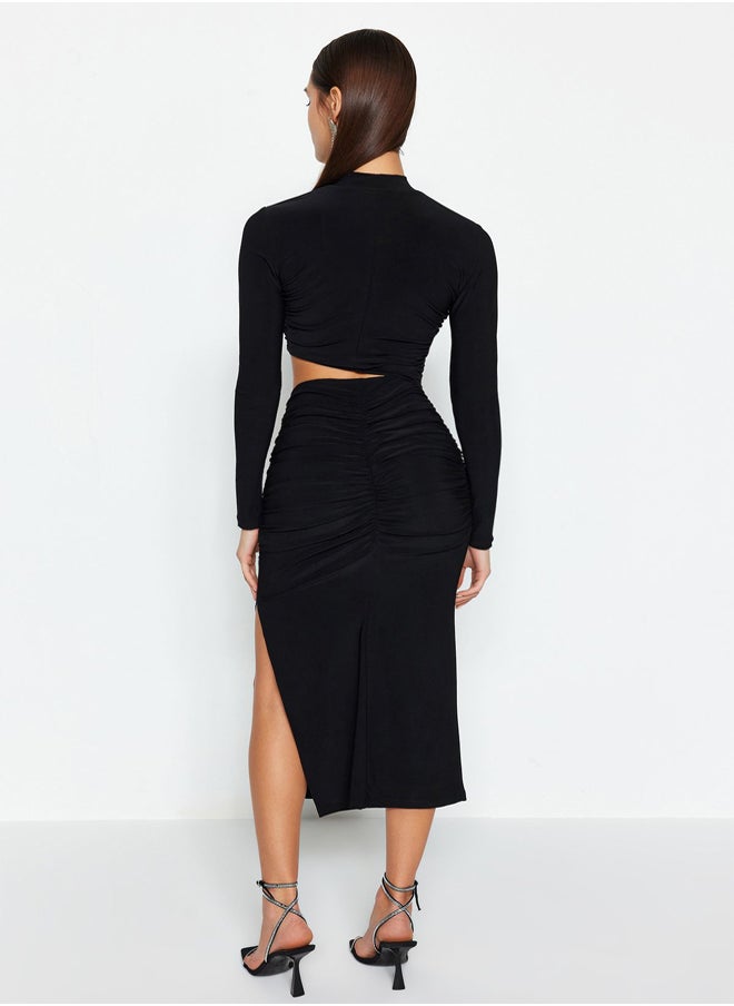 Black Window / Cut Out Detailed Elegant Evening Dress TPRAW24EL00297