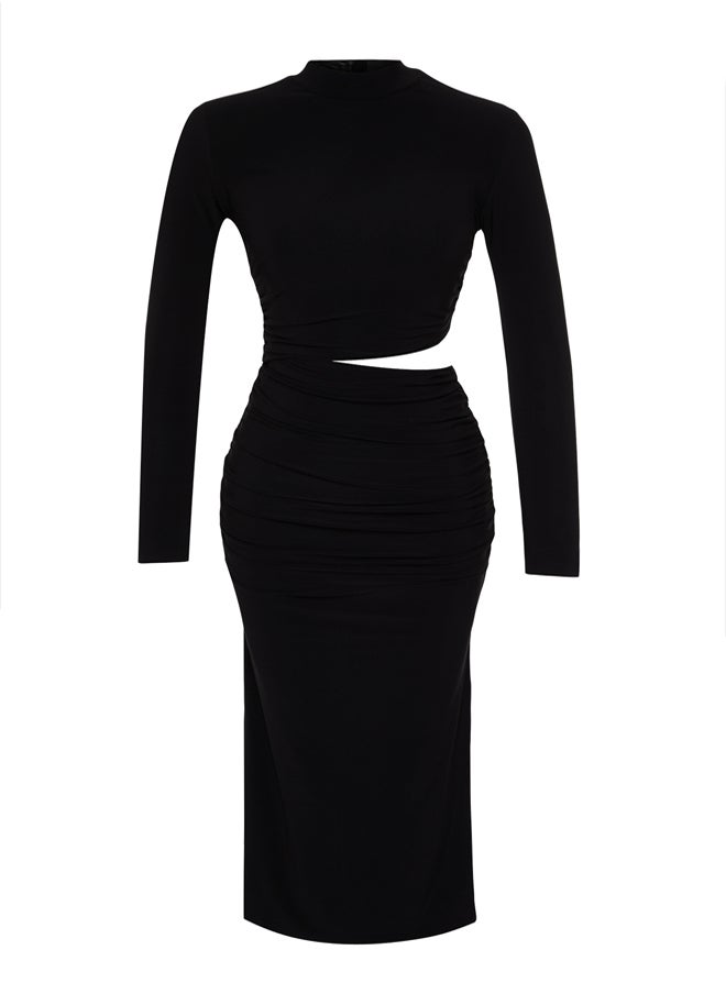 Black Window / Cut Out Detailed Elegant Evening Dress TPRAW24EL00297