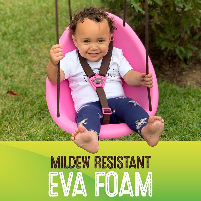 Swurfer Kiwi Toddler Swing â€“ Comfy Baby Swing Outdoor, 3-Point Adjustable Safety Harness, Safe Quick Click Locking System, Foam-Lined Shell, Blister-Free Rope, Age 9 Mos and Up, Pink - Image 2
