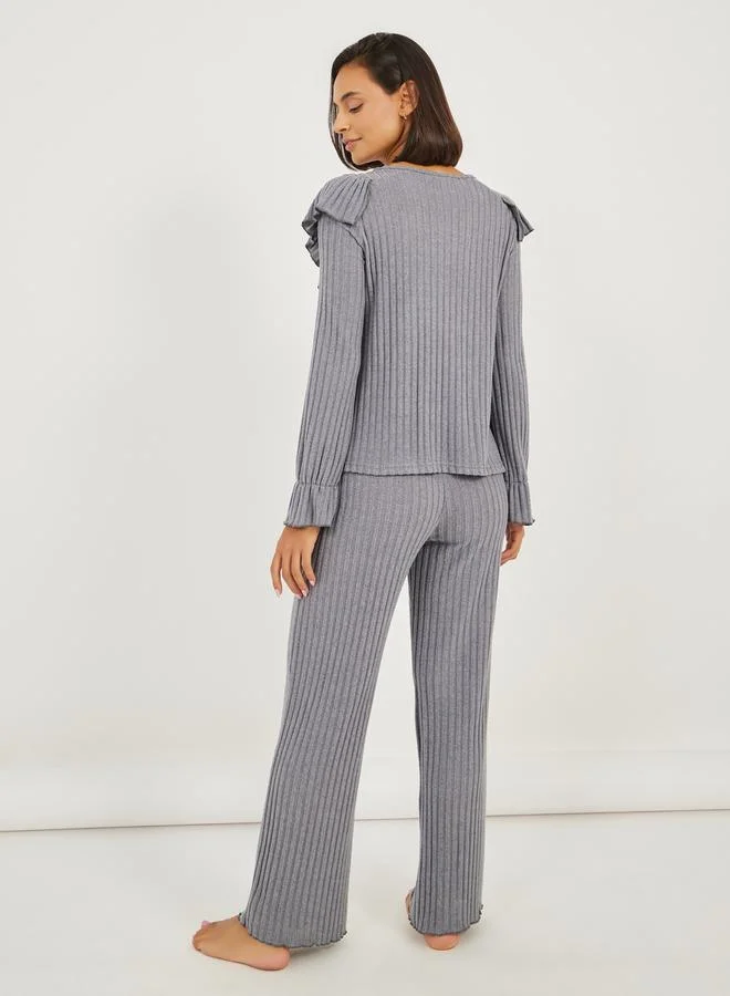 Styli Rib Ruffled Front Button Detail Top and Pyjama Set