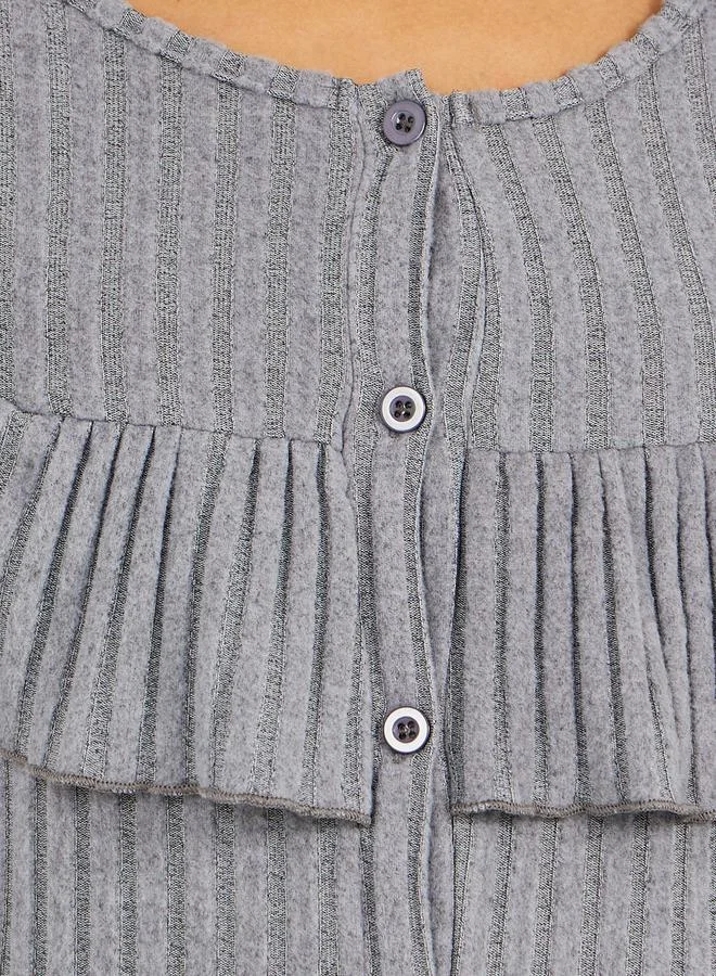 Styli Rib Ruffled Front Button Detail Top and Pyjama Set