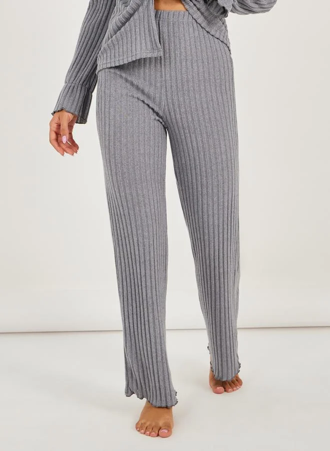 Styli Rib Ruffled Front Button Detail Top and Pyjama Set