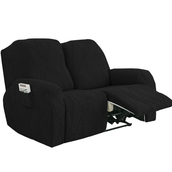 2024 NEW JACQUARD RECLINER CHAIR COVERS STRETCH POLYESTER SPANDEX RECLINER COVER RECLINING SOFA COVER WITH ELASTIC SIDE POCKET ARMCHAIR COVER BLACK2 SEATER