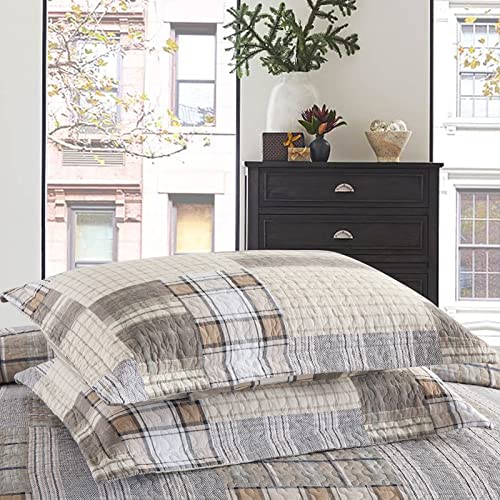 PANGUSHAN Quilts Sets King Size,100% Cotton King Quilt Bedspreads Bedding Set,Patchwork Plaid Quilt for King Bed,Tan/Grey Farmhouse Rustic Quilt Bed Spread,Reversible Lightweight Comforter,3 Pieces - Image 4