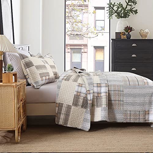 PANGUSHAN Quilts Sets King Size,100% Cotton King Quilt Bedspreads Bedding Set,Patchwork Plaid Quilt for King Bed,Tan/Grey Farmhouse Rustic Quilt Bed Spread,Reversible Lightweight Comforter,3 Pieces - Image 3