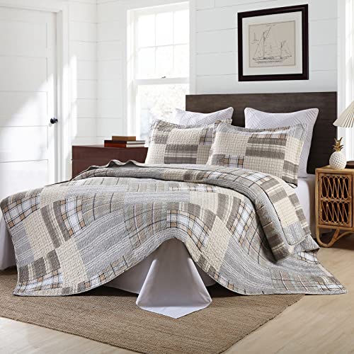 PANGUSHAN Quilts Sets King Size,100% Cotton King Quilt Bedspreads Bedding Set,Patchwork Plaid Quilt for King Bed,Tan/Grey Farmhouse Rustic Quilt Bed Spread,Reversible Lightweight Comforter,3 Pieces - Image 2