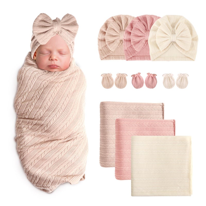 AQOKKA Newborn Receiving Blanket with Bow Hat Mittens Set Wheat-Pattern Newborns Toddler Baby Boy Girl Nursery Swaddle Wrap - Image 1