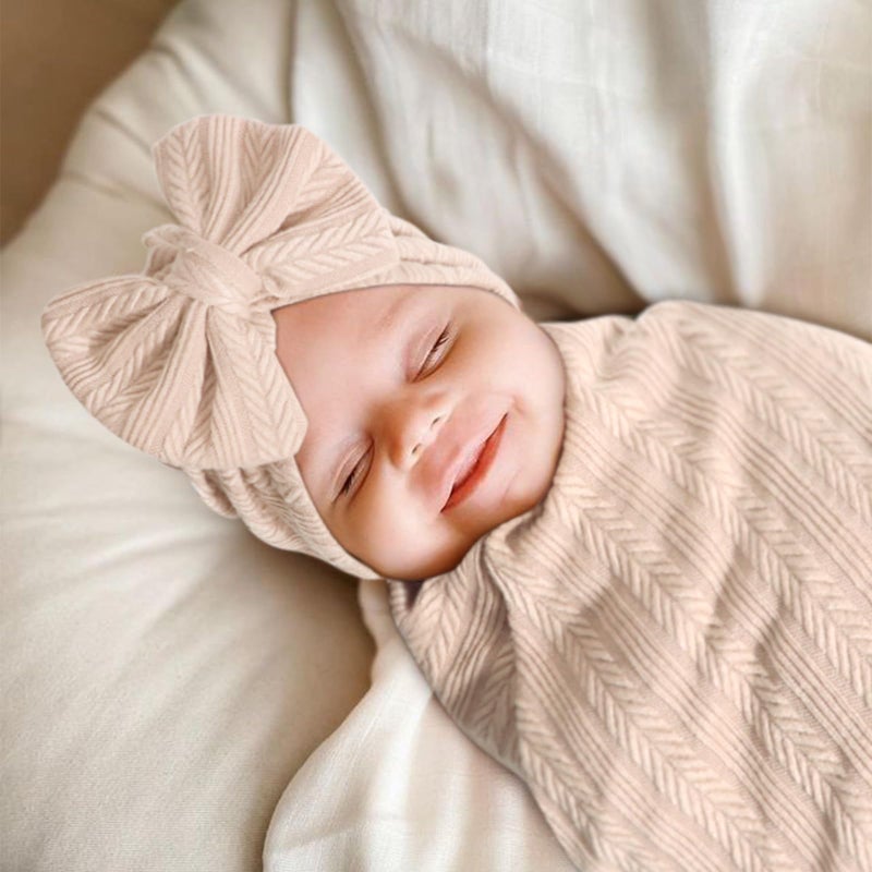 AQOKKA Newborn Receiving Blanket with Bow Hat Mittens Set Wheat-Pattern Newborns Toddler Baby Boy Girl Nursery Swaddle Wrap - Image 3