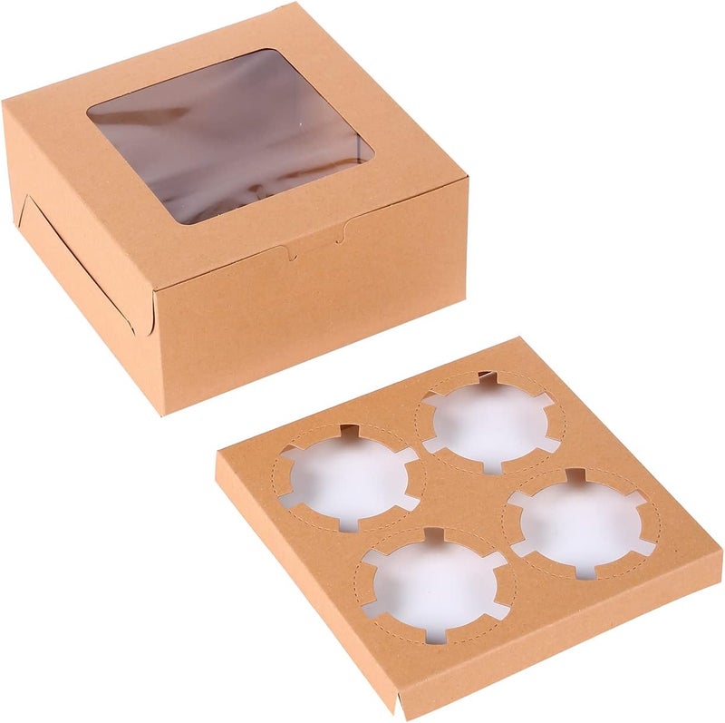 Red Dot Gift REDDOTGIFT® 4 Cavities Kraft Paper Cupcake Box (Pack of 12) with Inserts Cupcake Containers Bakery Cake Carriers for Home Dessert Shop (Kraft) - Image 1