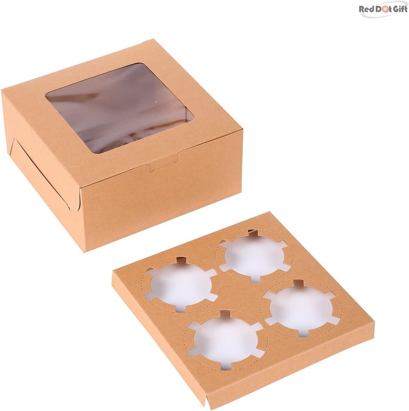 Red Dot Gift REDDOTGIFT® 4 Cavities Kraft Paper Cupcake Box (Pack of 12) with Inserts Cupcake Containers Bakery Cake Carriers for Home Dessert Shop (Kraft) - Image 2