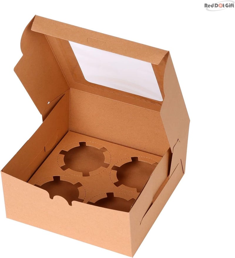 Red Dot Gift REDDOTGIFT® 4 Cavities Kraft Paper Cupcake Box (Pack of 12) with Inserts Cupcake Containers Bakery Cake Carriers for Home Dessert Shop (Kraft) - Image 3