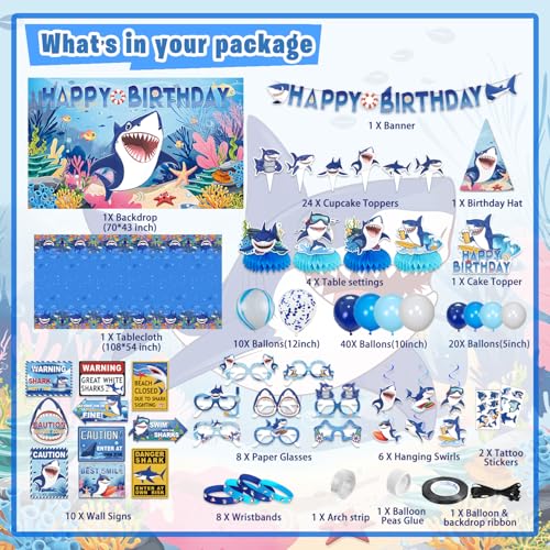 Mpanwen Shark Birthday Party Decorations 137Pcs Shark Themed Birthday Party Decor Supplies Backdrop Sticker Balloons Cake Toppers Tablecloth Centerpieces Hanging Swirl Wall Signs Bracelets - Image 5