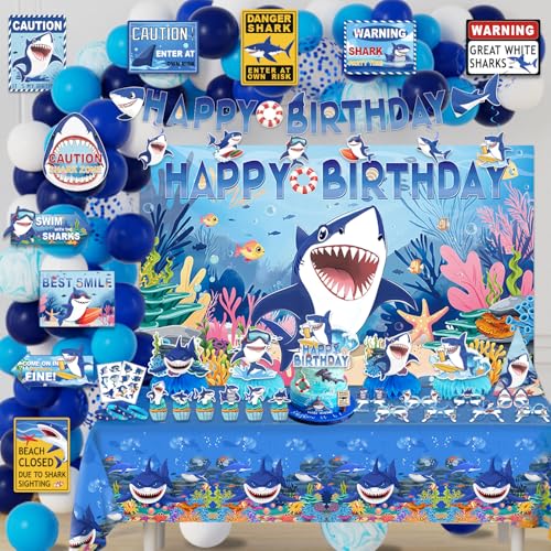 Mpanwen Shark Birthday Party Decorations 137Pcs Shark Themed Birthday Party Decor Supplies Backdrop Sticker Balloons Cake Toppers Tablecloth Centerpieces Hanging Swirl Wall Signs Bracelets - Image 1