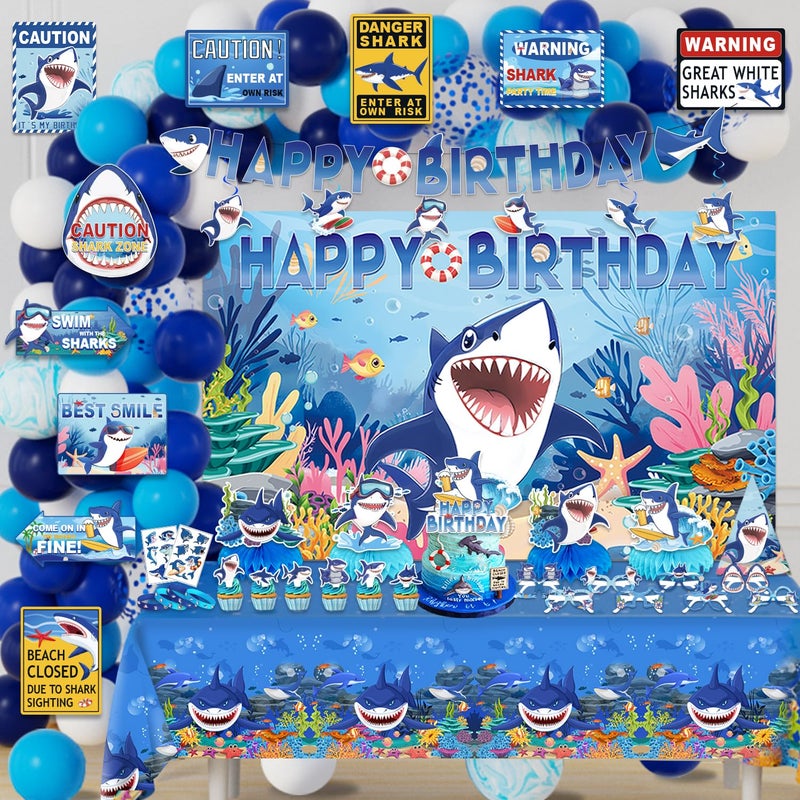 Mpanwen Shark Birthday Party Decorations 137Pcs Shark Themed Birthday Party Decor Supplies Backdrop Sticker Balloons Cake Toppers Tablecloth Centerpieces Hanging Swirl Wall Signs Bracelets - Image 3