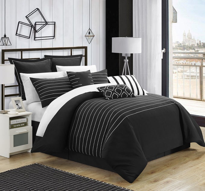 CS3962AN BRENTON SUPER RICH MICROFIBER STITCH EMBROIDERED 9 PIECE COMFORTER SET QUEEN BLACK