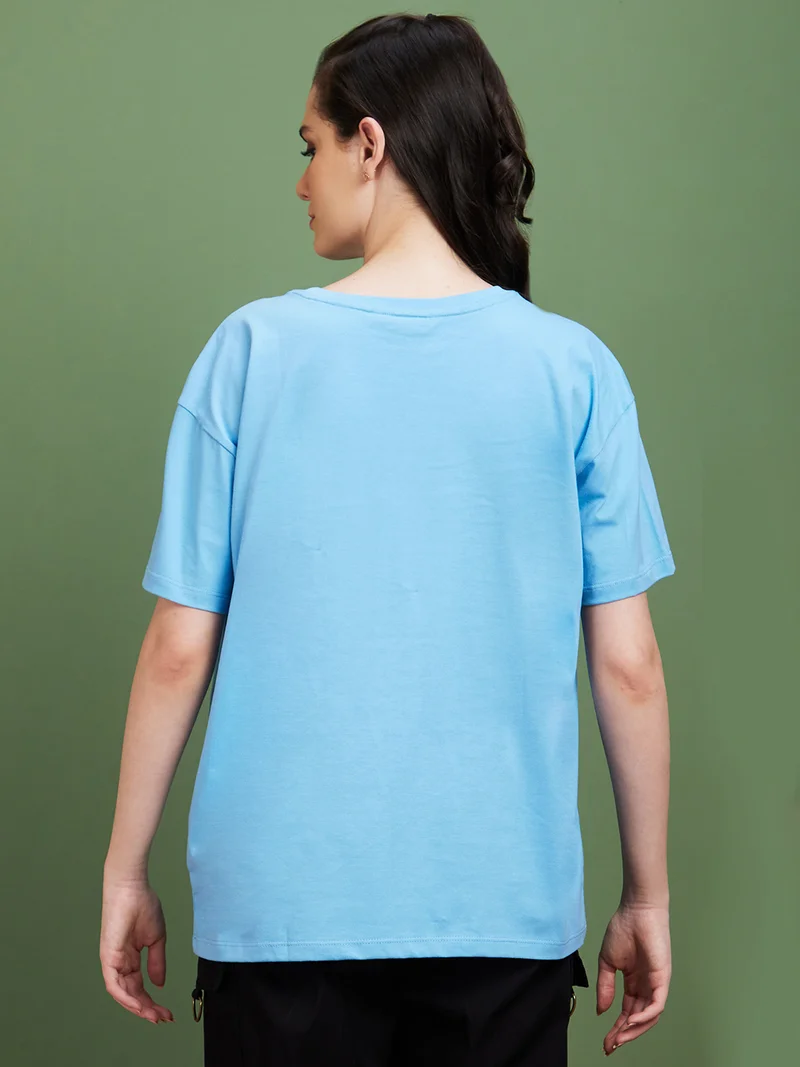 globus Globus Women Blue Humour And Comic Printed Round Neck Drop-Shoulder Sleeves Boxy Cotton T-Shirt