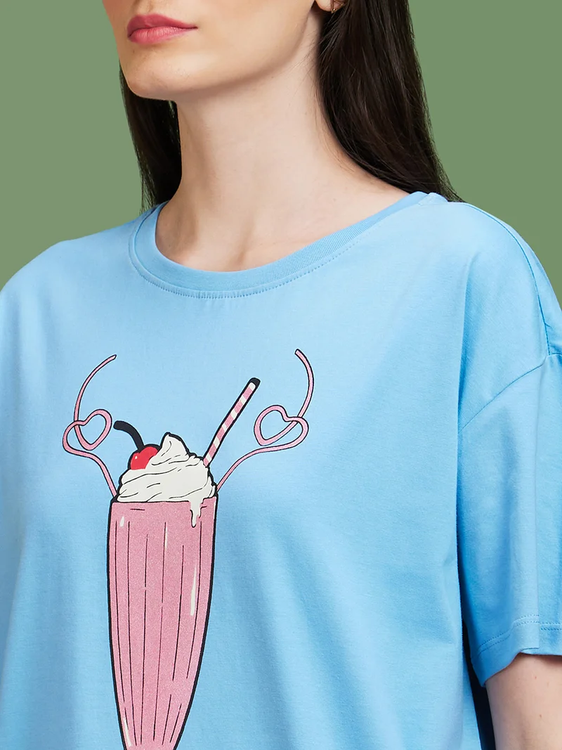 globus Globus Women Blue Humour And Comic Printed Round Neck Drop-Shoulder Sleeves Boxy Cotton T-Shirt