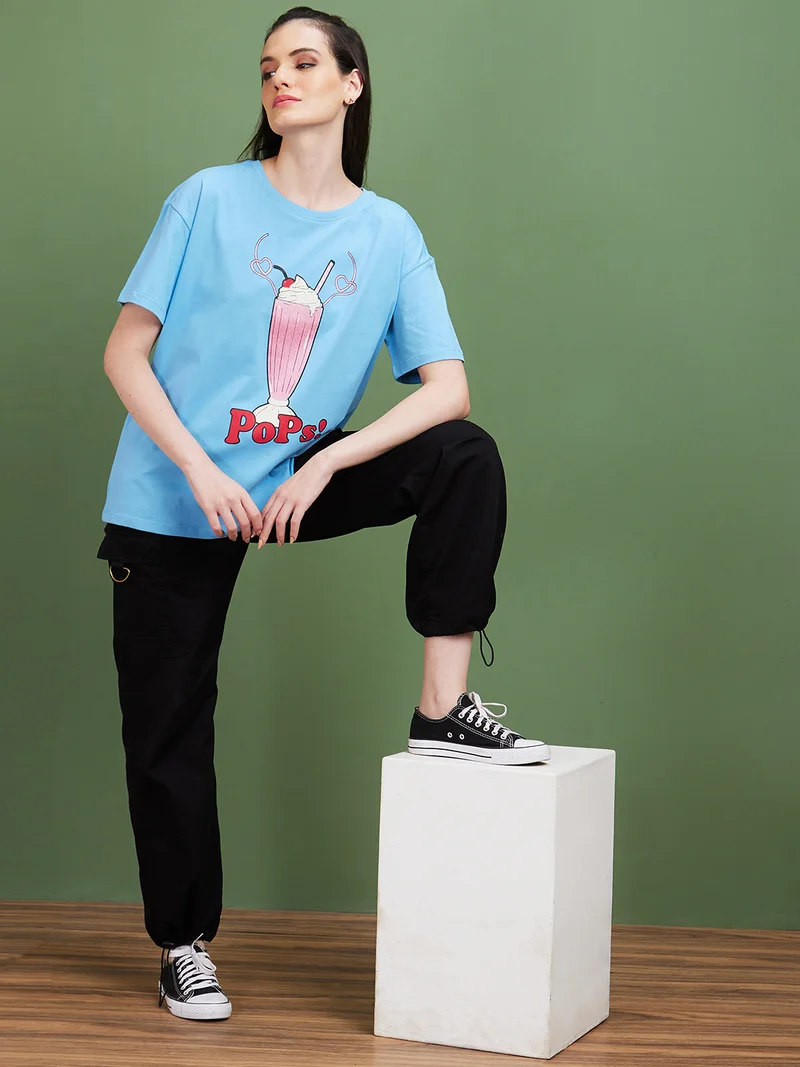 globus Globus Women Blue Humour And Comic Printed Round Neck Drop-Shoulder Sleeves Boxy Cotton T-Shirt