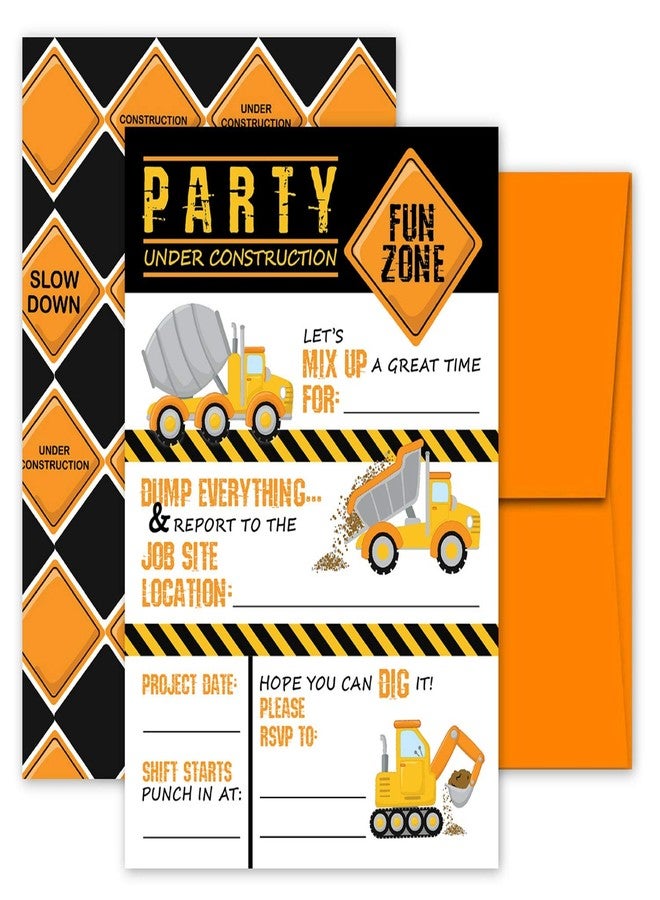 Pink Pixie Studio Deluxe Construction Dump Truck Birthday Party Invitations for Boys, 20 Double Sided Large 5 x 7 Flat Fill In Invites with Orange Envelopes, Kids Party Supplies - Image 1