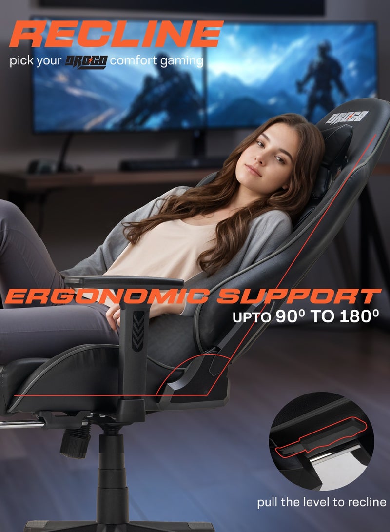 دراجو كرسي ألعاب مريح من Wrath Pro، كرسي كمبيوتر مع مقعد قابل للتعديل، جلد PU، مسند ذراع ثلاثي الأبعاد، وسادة دعم للرأس وأسفل الظهر من الإسفنج الذكي، كرسي المنزل والمكتب مع مسند للقدمين واستلقاء باللون الأسود - Image 5