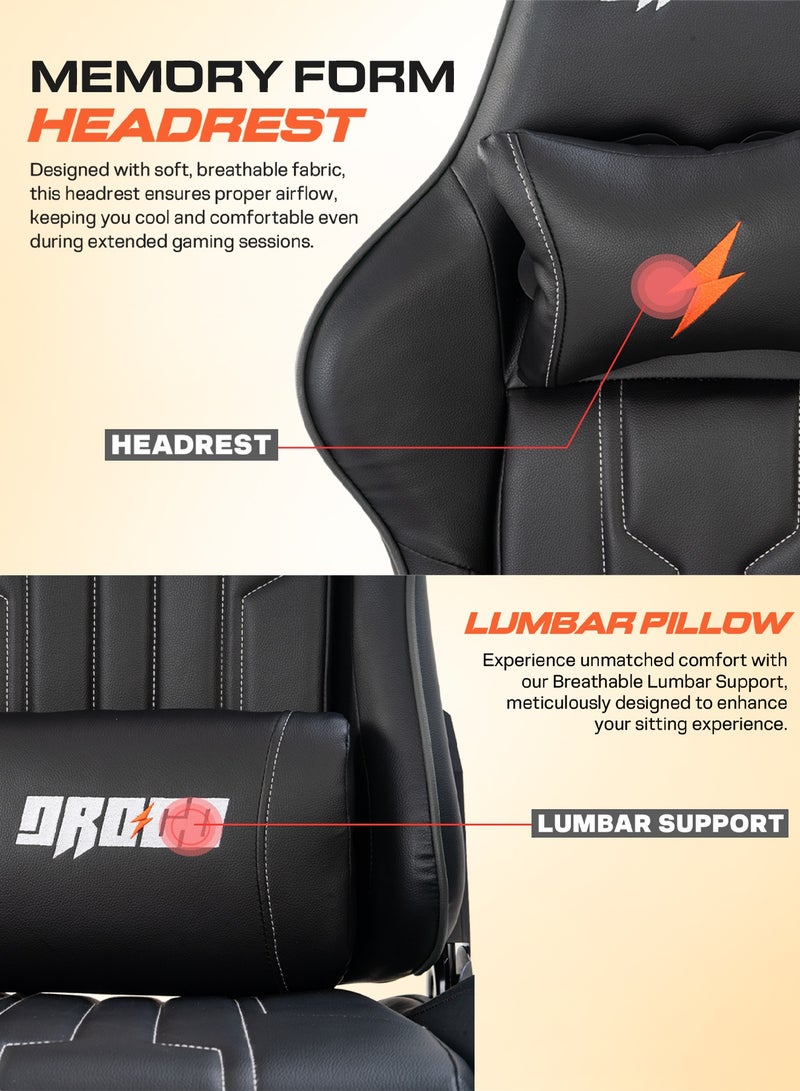 دراجو كرسي ألعاب مريح من Wrath Pro، كرسي كمبيوتر مع مقعد قابل للتعديل، جلد PU، مسند ذراع ثلاثي الأبعاد، وسادة دعم للرأس وأسفل الظهر من الإسفنج الذكي، كرسي المنزل والمكتب مع مسند للقدمين واستلقاء باللون الأسود - Image 3