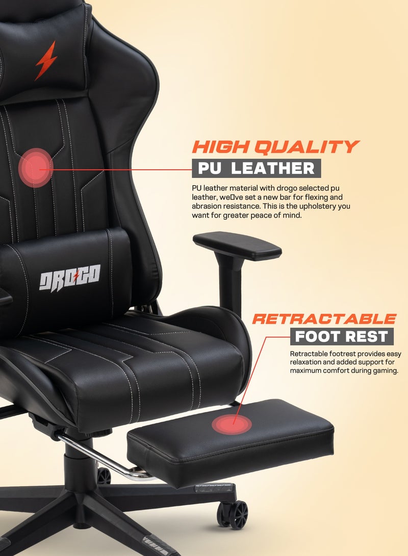 دراجو كرسي ألعاب مريح من Wrath Pro، كرسي كمبيوتر مع مقعد قابل للتعديل، جلد PU، مسند ذراع ثلاثي الأبعاد، وسادة دعم للرأس وأسفل الظهر من الإسفنج الذكي، كرسي المنزل والمكتب مع مسند للقدمين واستلقاء باللون الأسود - Image 4