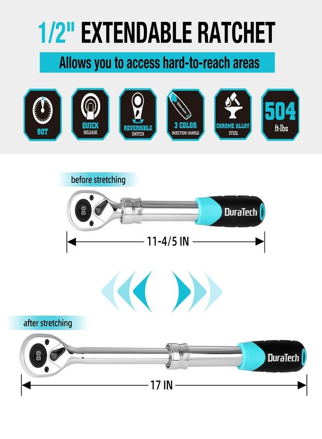 DURATECH 1/2-Inch Drive Extendable Ratchet, 90-Tooth Quick-release Ratchet Wrench with Cushion Handle & Telsecoping Locking Shaft (5 Length Adjustment: 11-4/5" to 17"), Reversible, Chrome Alloy Made - Image 2