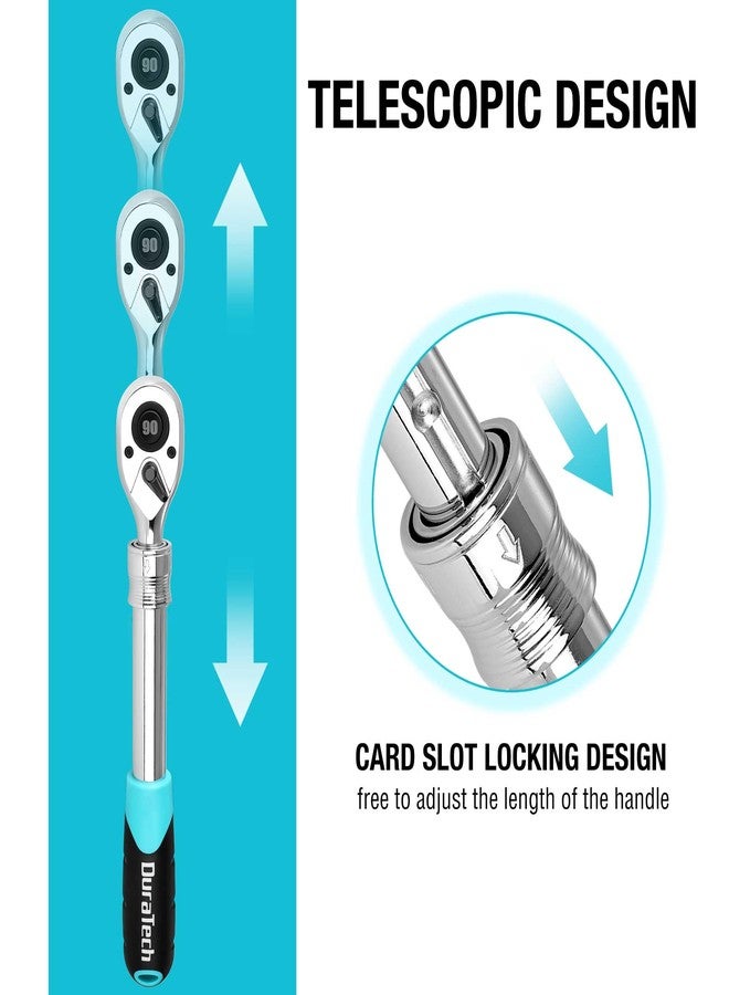 DURATECH 1/2-Inch Drive Extendable Ratchet, 90-Tooth Quick-release Ratchet Wrench with Cushion Handle & Telsecoping Locking Shaft (5 Length Adjustment: 11-4/5" to 17"), Reversible, Chrome Alloy Made - Image 3