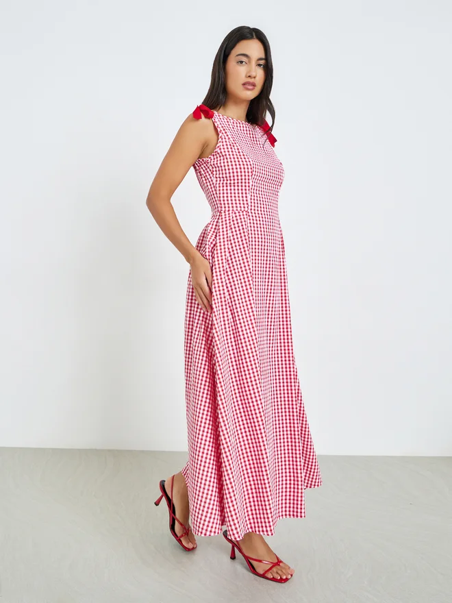 Styli Styli Red Gingham Midi Dress with Bow Detail