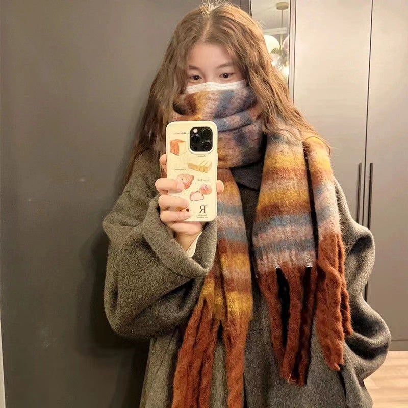Rainbow Scarf For Women, Plaid Mohair Warm Shawl, Versatile Winter New Style, High-End Windproof Plush Neck Warmer For Men - Image 2