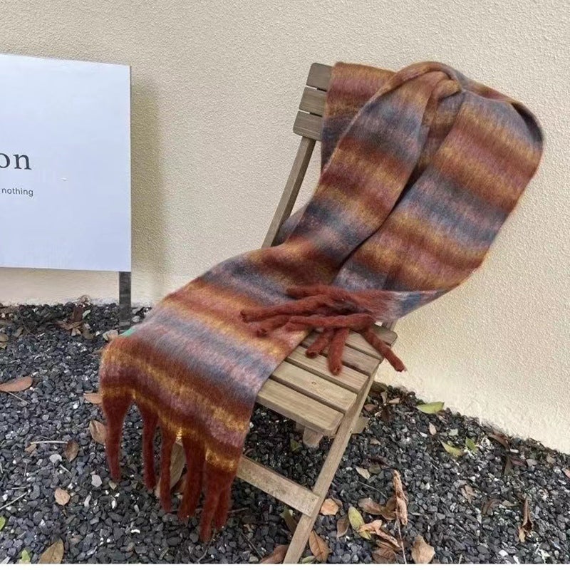 Rainbow Scarf For Women, Plaid Mohair Warm Shawl, Versatile Winter New Style, High-End Windproof Plush Neck Warmer For Men - Image 3