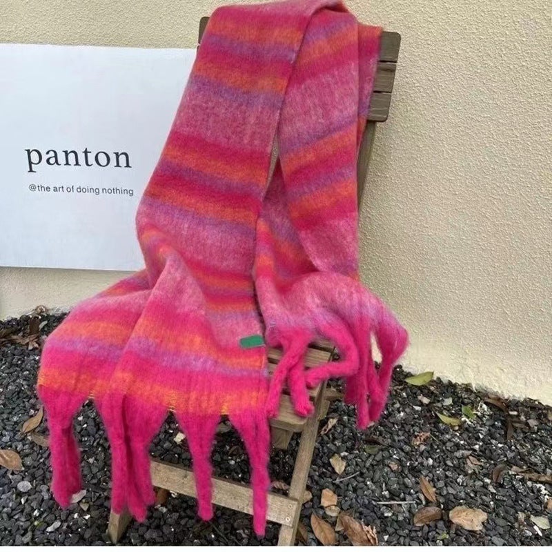 Rainbow Scarf For Women, Plaid Mohair Warm Shawl, Versatile Winter New Style, High-End Windproof Plush Neck Warmer For Men - Image 5