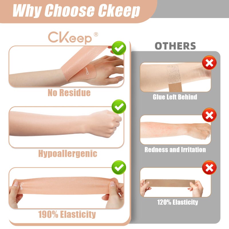 CKeep 4 Rolls Kinesiology Tape, Original Cotton Elastic Athletic Tape, 20 Precut 10" Strips Each, Beige, Ideal for Muscle Support & Injury Prevention - Image 3